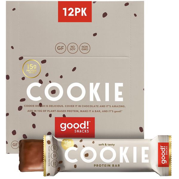 good! Snacks Vegan Protein Bars, Cookie Dough, Gluten Free, Plant Based, Low Sugar, High Protein Meal Replacement Bar, Nutritious Healthy Snacks for Energy, 15g Protein, Kosher, Soy Free, Non Dairy, Non GMO (12 Bars)