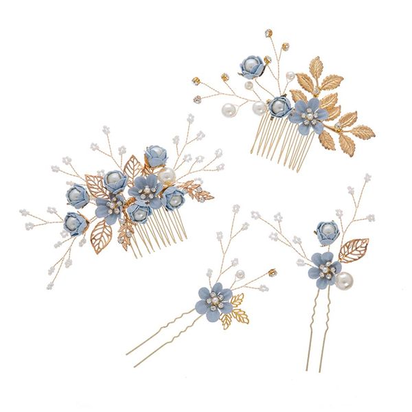 Toyvian 4pcs rhinestone hair combs floral bridal headpiece crystals headband decorative bridal headband wedding party evening hair(Blue)