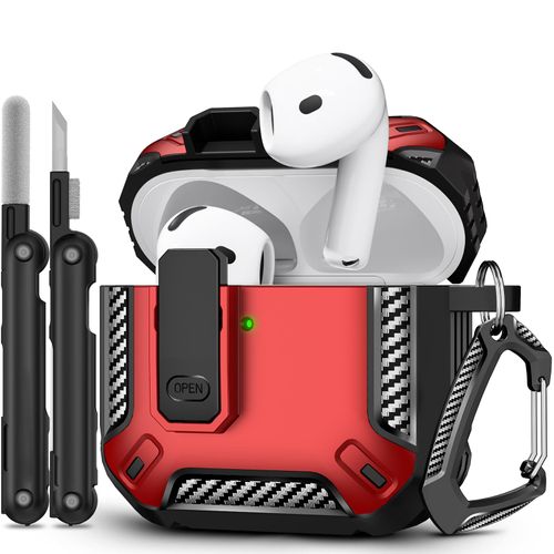 TNSNK for AirPods 4 Case, Secure Lock Case Cover for Apple Airpods 4 with Active Noise Cancellation 2024, Red Case for Airpods 4 with Cleaner Kit and Keychain, Powerful Drop Protection