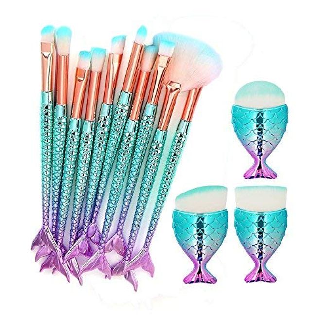 LHEI Lovely Gradual Blue Makeup Brushes Set 13pcs 3D Mermaid Makeup Brush Cosmetic Brushes Eyeshadow Eyeliner Blush Brushes