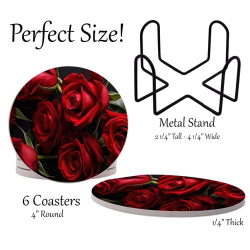 Red Roses Rose Round Coasters Set of 6 - Abosrbent Ceramic Coasters with Metal Stand for Drinks, Coffee, Non-Slip Cork Back for Tabletop Protection, 4 Inches (Red 4)