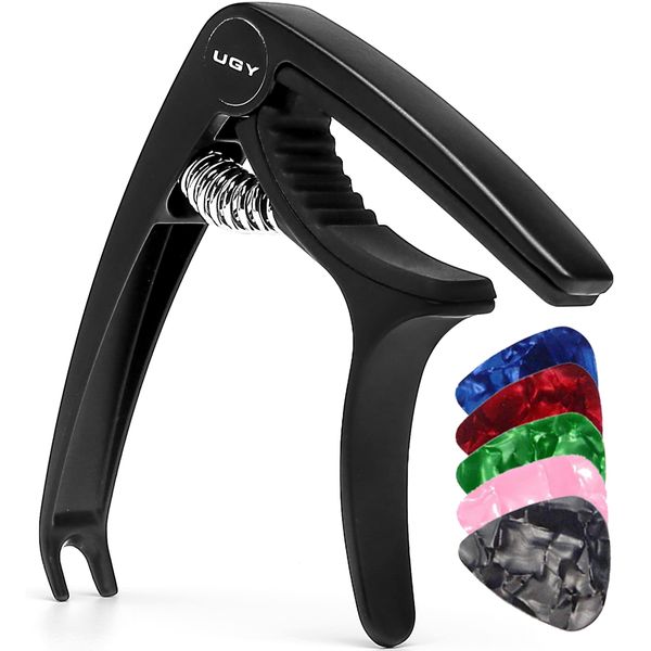 UGY® Capo Guitar Capo for Acoustic and Electric Guitars, Guitar Capo or Ukulele Capos - Black with 5 Picks