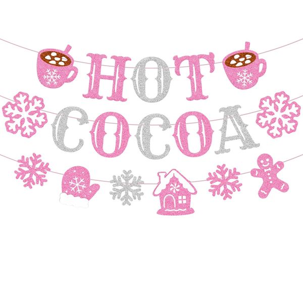 Hot Cocoa Banner Merry Christmas Party Decorations Hot Chocolate Bar Gingerbread Man Snowflake Christmas House Cocoa Cup Gloves Sign for Wintertime Holiday Xmas Baby Its Cold Outside Happy New Year