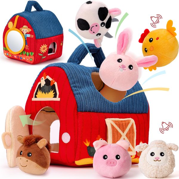 hahaland Baby Toys 6-12 Months - Surprise Barn with Stuffed Farm Animals, Rattle, Crinkle Paper, Mirror - Busy Montessori Toys for Babies, Sensory Toys for Toddlers 1-3