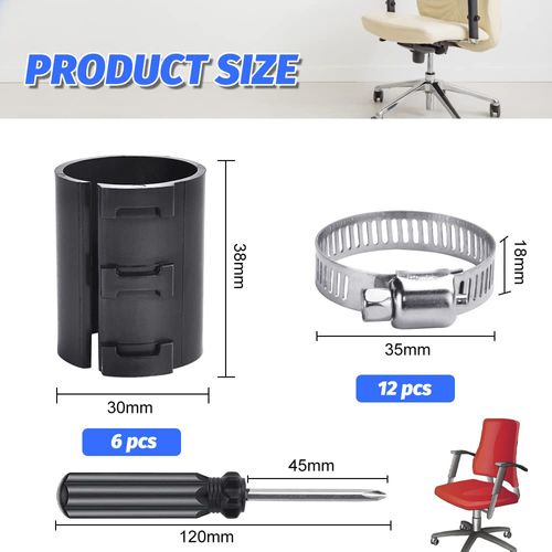 KBNIAN Pack of 6 Stoppers Repair a Sinking Office Chair, 12 Pieces Stainless Steel Hose Clamp with Screwdriver, for All Height-Adjustable Gas Cylinder Chairs