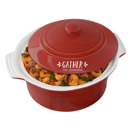 Personalization Universe Gather & Gobble Personalized Ceramic Serving Bowl with Lid - Stoneware Baking Dish, Oven Safe, Dishwasher Safe, Microwave Safe, Ideal for Casserole and Pie Baking - Red