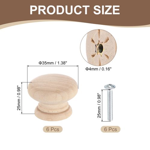 uxcell 6Pcs Round Wood Drawer Knob, 1 3/8" Diameter Round Dresser Knobs Wooden Knobs with Screws for Furniture Drawer Dresser Wardrobe Cupboard