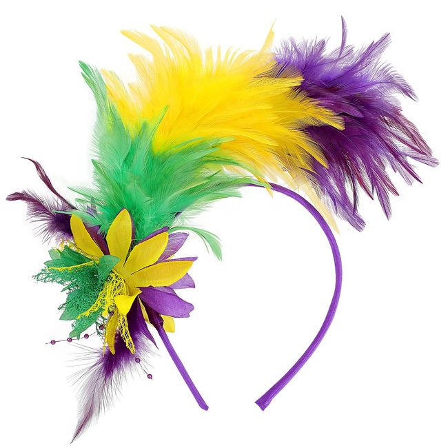 MWOOT Feather Headband, 1920s Feathered Headpiece, Yellow Green Purple Roaring 20s Fascinators for Women, Artificial Flower Feather Headwear, Hair Accessory for Cocktail Carnival Prom Tea Party