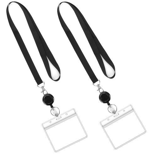 [AMUU] Neck Strap, Black, 2-Pack, Smartphone Neck Strap, Horizontal ID Card Holder, Name Tag, Holder, 2 Pieces, Double-Sided, Transparent Color Name Tag Case, Name Tag Reel, Hanging Name Tag Reel,