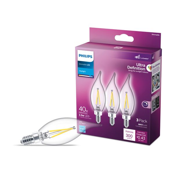 Philips LED Ultra Definition Flicker-Free Dimmable, Eye Comfort Technology, Daylight 5000K BA11 Clear Glass Light Bulb, 500 Lumen, 5W=60W, E12 Base, Title 20 Certified, 3-Pack (564898)