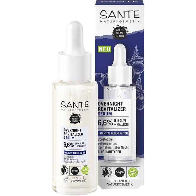 SANTE Naturkosmetik Serum mit Bio-Olive & Hyaluron, Für eine intensive Regeneration der Haut und ein geschmeidiges Hautgefühl, Vegan, Overnight Revitalizer Serum, 30 ml