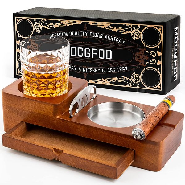 Cigar Ashtray Coaster Whiskey Glass Tray and Cigar Holder, Wooden Ash Tray, Slot to Hold Cigar, Cigar Rest, Cigar Cutter, Cigar Accessory Set Gift for Men Dad, Great Decor for Home (Large drawer)