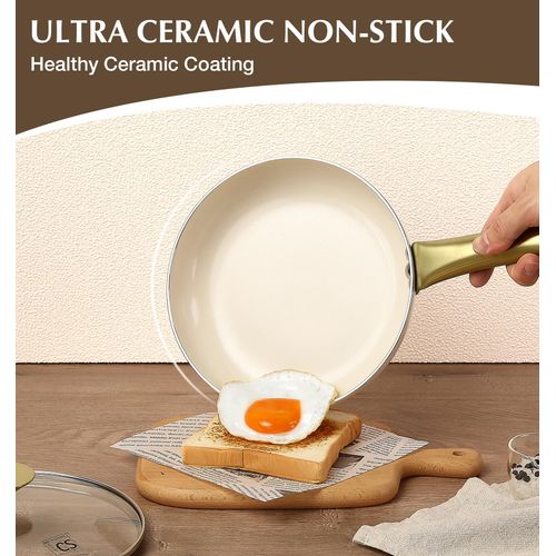 KOCH SYSTEME CS Nonstick Frying Pan with Lid, 8 Inch Non-Stick Skillet with Gold Stay-Cool Stainless Steel Handle, Omelet Pan with Nonstick Ceramic Coating, PFOA Free, Oven Safe, Cream White