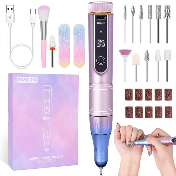 EVILTO Electric Nail Files Cordless, Professional Nail Drill LCD Display with 12 Bits 35 Speed 35000RPM Rechargeable Manicure Pedicure EFile for Gel Nail Polish Acrylic Nails Thick Toenails Removal