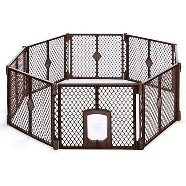 North States MyPet Petyard Passage: 6.5 Ft. Wide 8-Panel w/ Pet Door, Brown