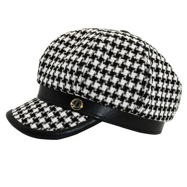 KORIXINE Women Beret Newsboy Caps French Hats Houndstooth Paperboy Hats for Girls Fall Fashion Leather Brim Octagonal Cap Black