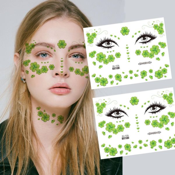 Ecuupas Clover Face Sticker St. Patrick’s Day Temporary Tattoos Sticker Shamrock Face Tattoos Sticker Festival Green Glitter Sticker Design Adult Face Eyes Accessories for St. Patrick’s Day Party (01)