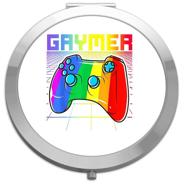 Gaymer (rainbow controller style two) LGBT pride statement compact pocket mirror - silver round circle shape
