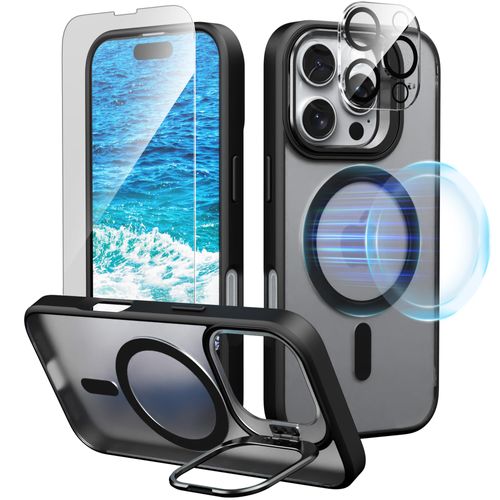 IDweel for iPhone 16 Pro Max Case with Screen Protector & Camera Lens Protector,Compatible with MagSafe,Built-in Camera Stash Stand,Magnetic Hard Back Soft Edge Anti-Fingerprint Flexible Cover,Black