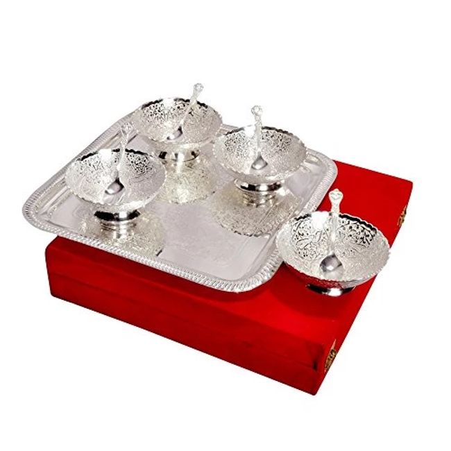 Silver Plated Bowl Set 9 Pcs. ( Bowls 4" Diameter & Tray 10"x10") IND