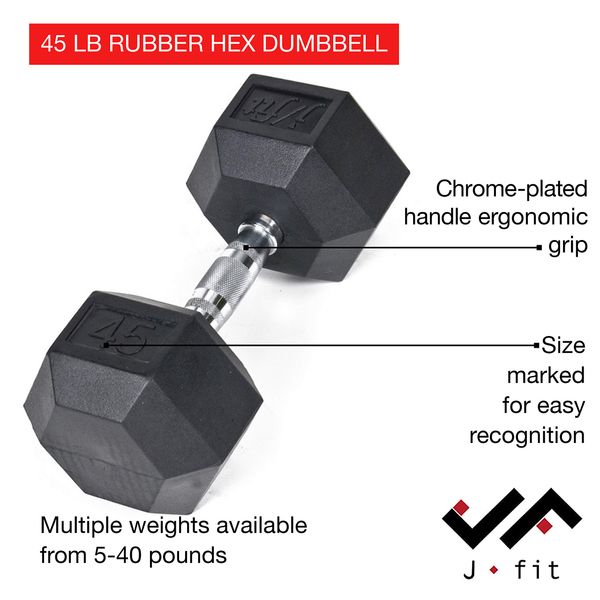 JFIT Rubber Hex Dumbbells, Single, 45 LB