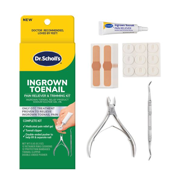 Dr. Scholl's INGROWN TOENAIL PAIN RELIEVER & TRIMMING KIT, 0.3 oz // Only OTC Treatment Proven to Relieve Ingrown Toenail Pain - Includes Medicated Gel + Foam Rings + Bandages + Clipper & Pusher Tools