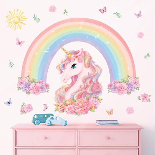 DECOWALL SG2-2413 Large Rainbow and Unicorn Wall Stickers Kids Colorful Decals Removable for Girls Nursery Bedroom Living Room Art Home Decor Decoration Peel Stick Birthday Crown Star Heart