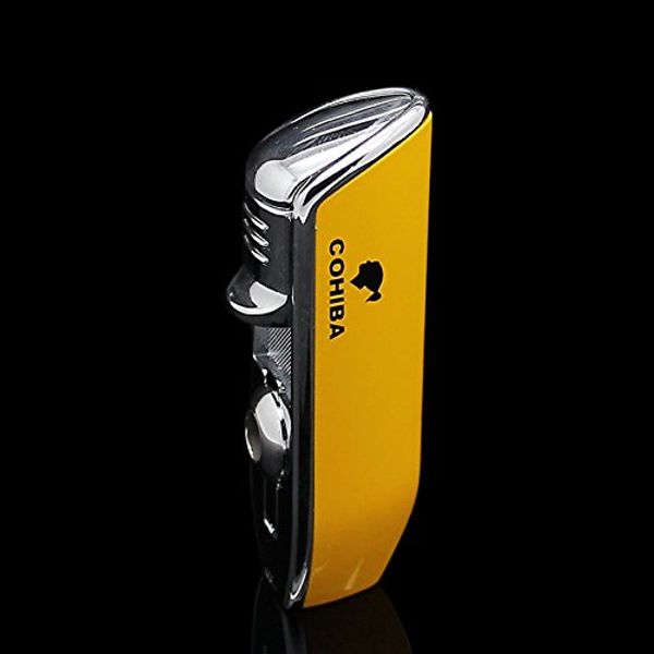 CIGAR IN STYLE Cigar Lighter, Yellow Triple 3 Jet Flame Refillable Butane Torch Lighter with Punch