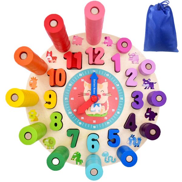 Button Moon Montessori Clock Building Blocks Toy Time Learning Puzzles Children Educational Toys Set Number and Time Puzzles Clock Teaching Tool Color Recognition Time Recognition Birthday Gift