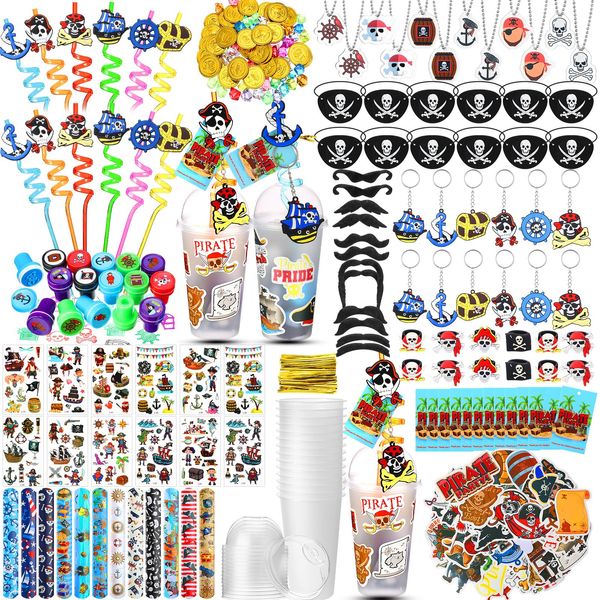 Spakon 283 Pcs Pirate Party Favors Supplies Halloween Party Include Pirate Pendants Bracelets Cup Straw Keychains Rings Eye Masks Mustache Tattoo Stickers Gold Coins Cards for Birthday Party