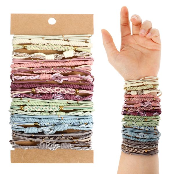 24 Pcs Boho Hair Tie Bracelets Elastic No Damage Hair Bobbles for Women Cute Ponytail Holders for Thick, Thin, Curly Hair 6 Colours, 4 Styles Boho Hair Accessories