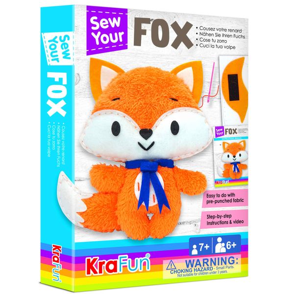 KRAFUN Fox Animal Sewing Kit for Kids Beginner My First Art & Craft, Includes Fox Doll Stuffed Animal, Instructions & Plush Felt Materials for Learn to Sew, Embroidery, Age 7 8 9 10 11 12