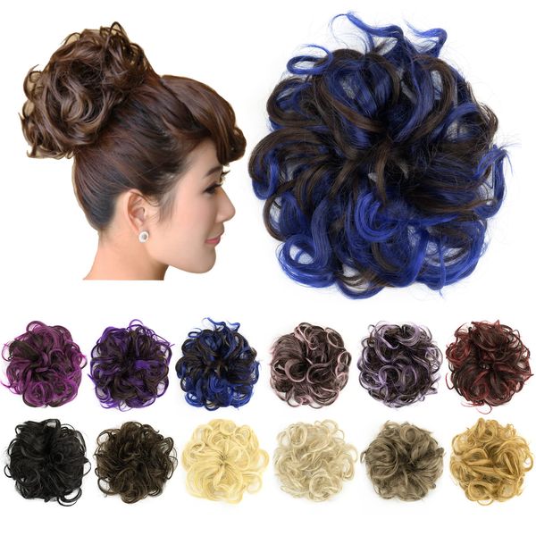 IMISSU 2 STÜCKE Messy Dutt Haarteil Hochsteckfrisur Gefälschte Haargummis Pferdeschwanz Verlängerung Wellenförmige Lockige Haarteile Chignon Stirnband (2 STÜCKE Braun Blau)