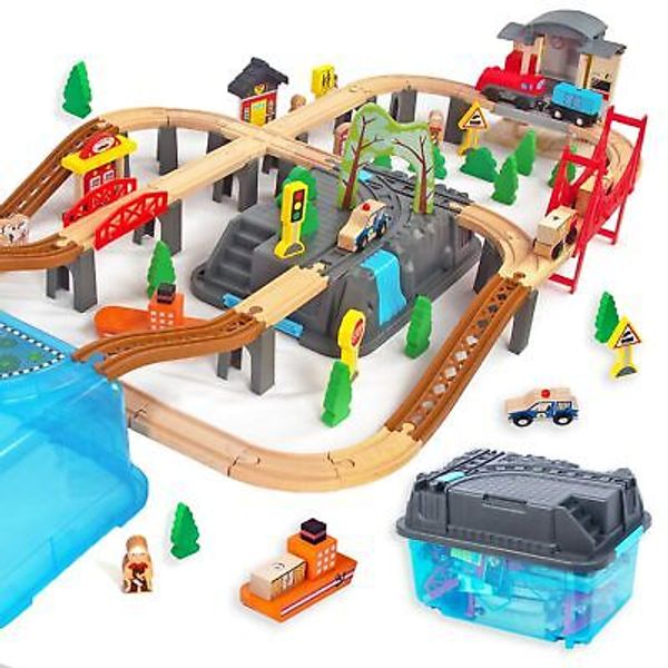 100Pcs Wooden Train Set for 3 Year Old Boys, Double-Side Train Set Tracks wit...