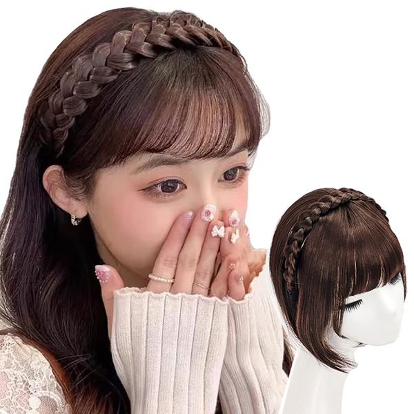 AMOXO Airy Bangs Wig Airy Bang with Braid Wig Headband Straight Women&#39;s Point Luxury Heat Resistant Partial Wig Easy Wedding (Dark Brown)