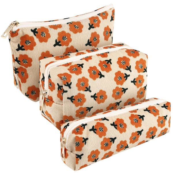 Photect 3 Pcs Floral Makeup Bag Corduroy Small Makeup Pouch Canvas Cosmetic Bag Mini Toiletry Zipper Travel Bags for Women Girls Makeup Organizer Storage Accessories(Assorted)