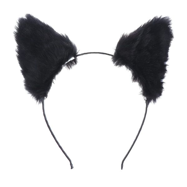 Lurrose Cat Fox Long Fur Ears Headband Cosplay Party Costume Hairbands Cut Plush Hair Hoop Headdress for Women Girls Black