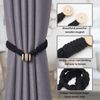 Pretty Jolly 4 Pack Wood Strong Magnetic Curtain Tiebacks Boho Style Decorative Drape Tie Backs Natural Cotton Hand-Woven Soft Rope Curtain Holdbacks for Home & Office Draperies Decor (New Black)