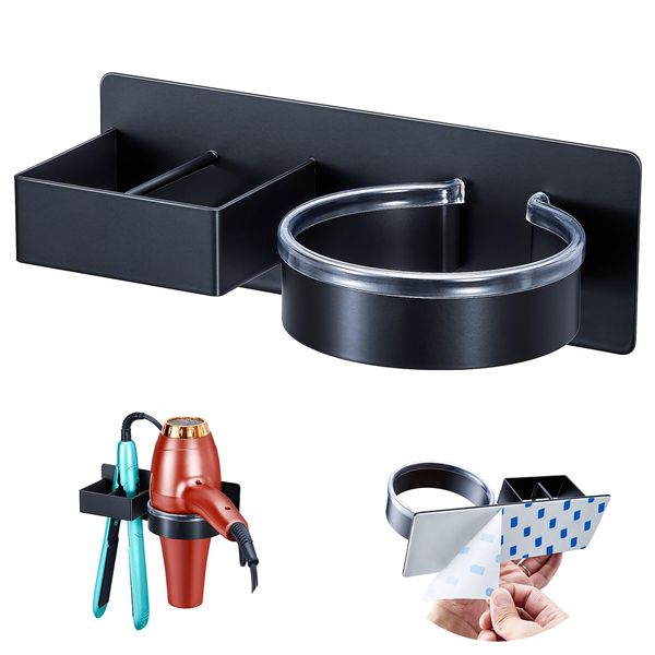 YYBO Hairdryer and Straightener Holder, Hair Dryer Holders Hair Straighteners Holder Wall Mount, Stainless Steel Hairdryer Holder Station, Bathroom Hair Tools Organiser Adhesive Hair Dryer Stand Black