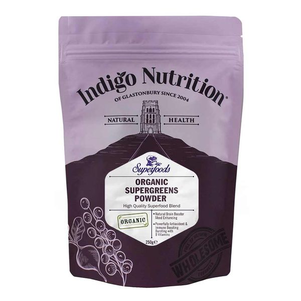 Indigo Herbs Organic Super Greens Powder 250g | Vitamin & Mineral Rich | Moringa, Spirulina, Chlorella, Wheatgrass, Barley Grass Mix