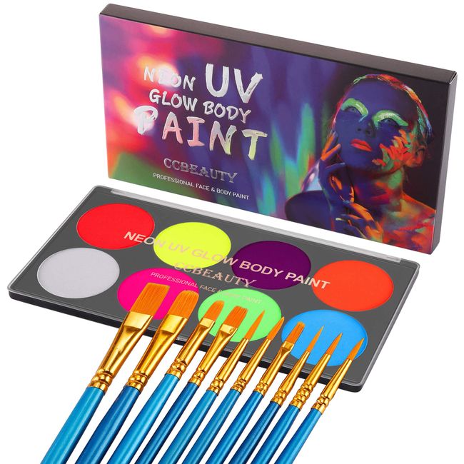CCbeauty Neon UV Body Paint,Black Light Body Paint,Glow In The Dark Face Paint,8 Colors Water Activated Professional Face Painting Makeup Kit Non-Toxic With 10 Brushes For Adults Halloween Costumes
