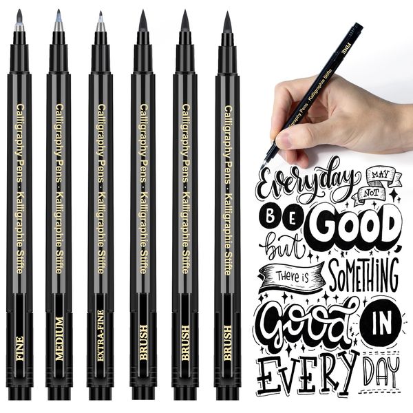 Calligraphy Pens Calligraphy set for Beginners Brush Pens - APOGO 6 Pack Caligraphy Beginners set Caligraphy Pens for Writing, Calligraphy Book, Bullet Journal Accessories, Black Pen Art Writing pens