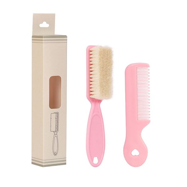 Bmeigo Baby Hair Brush and Comb Set - Goat Hair Brush Natural Soft Bristles Hair Comb Massage Cradle Cap Treatment for Newborn, Toddlers and Kids, Baby Shower and Registry (Pink)