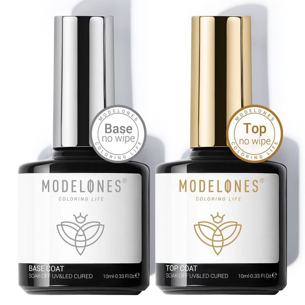 Modelones Base e Top coat Semipermanente per Unghie Smalto 2 x 10ml Soak Off Top Coat in Smalti per Unghie in Gel UV LED Manicure Kit Ricostruzione Unghie