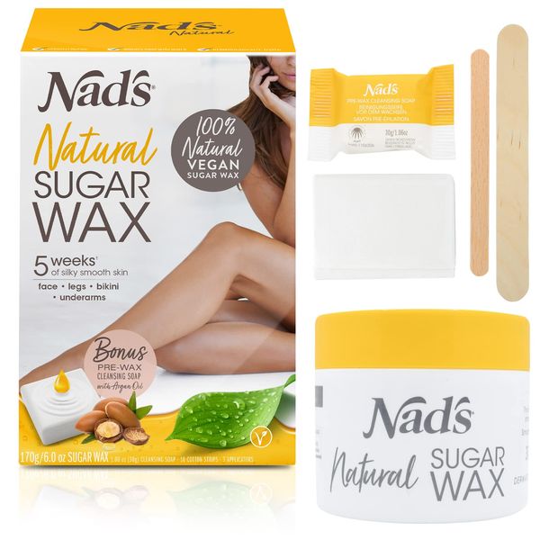 Nad's Wax Hair Removal For Women - Body+Face Wax - All Skin Types - At Home Waxing Kit With 6 Oz Sugar Wax, Cleansing Soap, Wooden Spatula, Re-Usable Cotton Strips