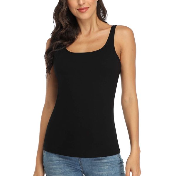 V FOR CITY Black Tank Top for Women with Shelf Bra Adjustable Wide Strap Camis Cotton Undershirt