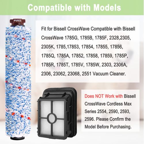 8 Pack Replacement Parts Compatible with Bissell CrossWave 1785 2306 3888A Vacuum Cleaner 4 Pack Multi-Surface Brush Roll 1868 4 Pack Vacuum Filter 1866 Compare to Part 1608683 160-8683 1608684
