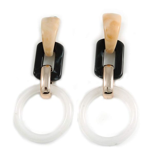Acrylic Drop Long Earrings In White/Black/Gold with Marble Effect - 9cm L