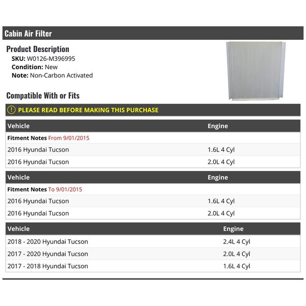 Cabin Air Filter - Compatible with 2016-2020 Hyundai Tucson