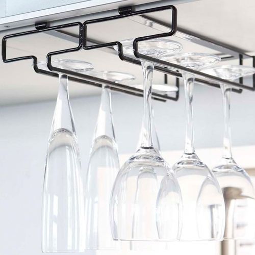 JMIATRY 4 Pack Wine Glass Rack, No Drilling Metal Wine Glass Holders Hanging Under Shelf, Under Cabinet Hanging Wine Glass Holder for Bar and Kitchen, Black